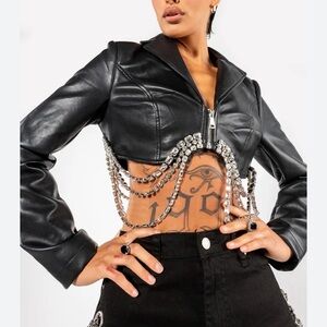 AKIRA Black Leather Jacket with Silver Chain Accents
